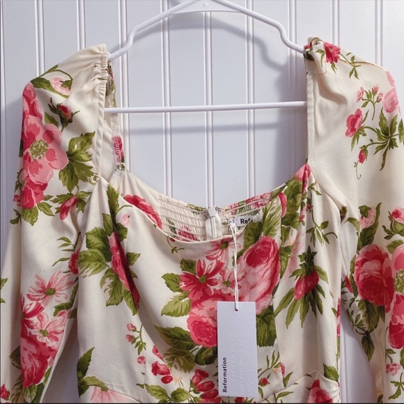 Reformation Hilda Floral Print Ruched Smocked Midi Dress In Jardin NWT Size 10 - Picture 13 of 15